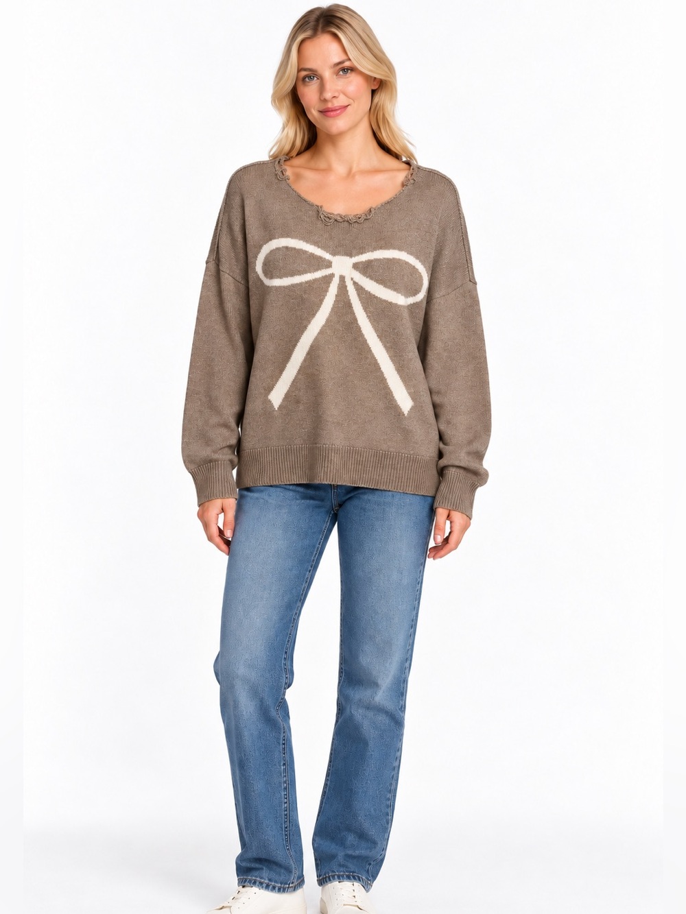 Cotton On Size Large Bow-Accent Taupe Sweater Distressed - Women